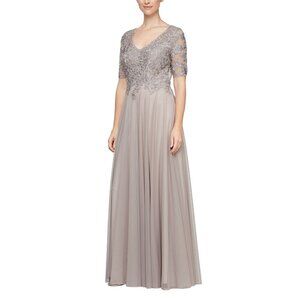 NWT Alex Evenings Long Taupe Sequined 3/4 Sleeve Dress